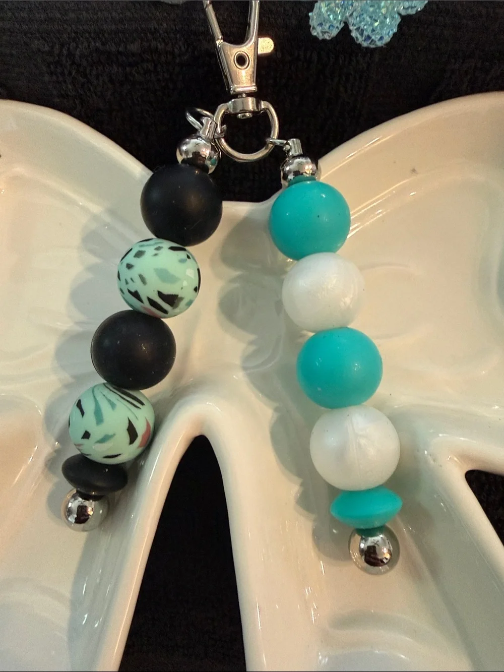Turquoise & Black Beaded Keychain with Sparkle Heart Charm